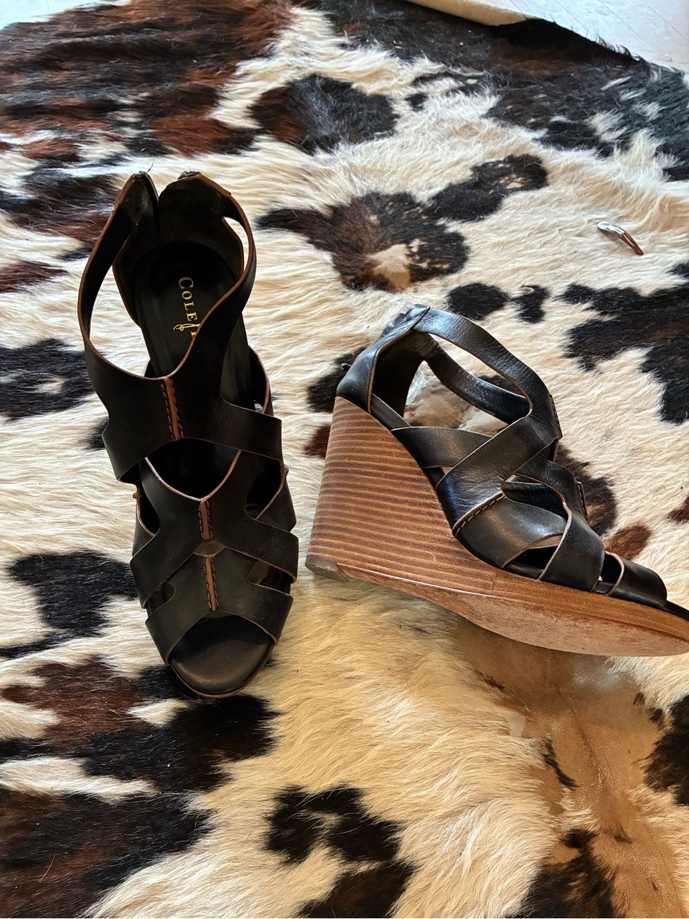 Cole Haan Black Leather Strappy Wedge Sandals